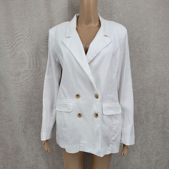 EVEREVE Stanton White Linen Blend Double Breasted Blazer Women's Small - Picture 1 of 11